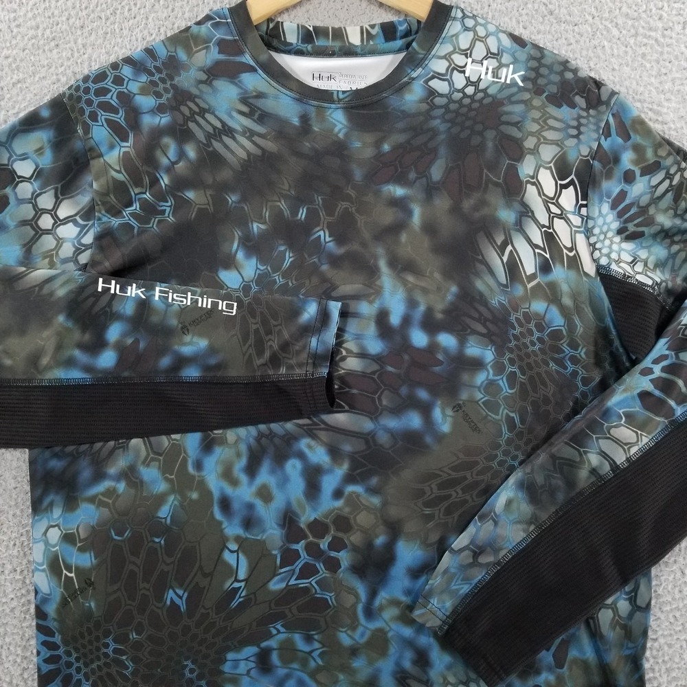 Huk Fishing Shirt Medium Kryptek Neptune Camo Performance Jersey Outdoor Blue